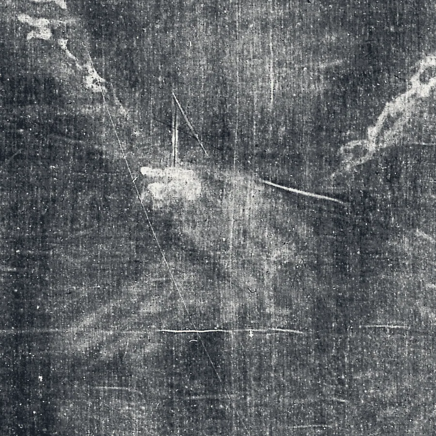 Detail of the crossed hands on the Shroud, with the wrist wound
